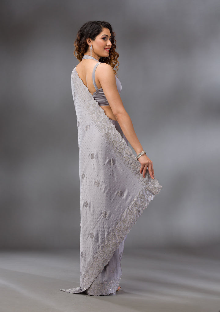 Grey Swarovski Satin Saree