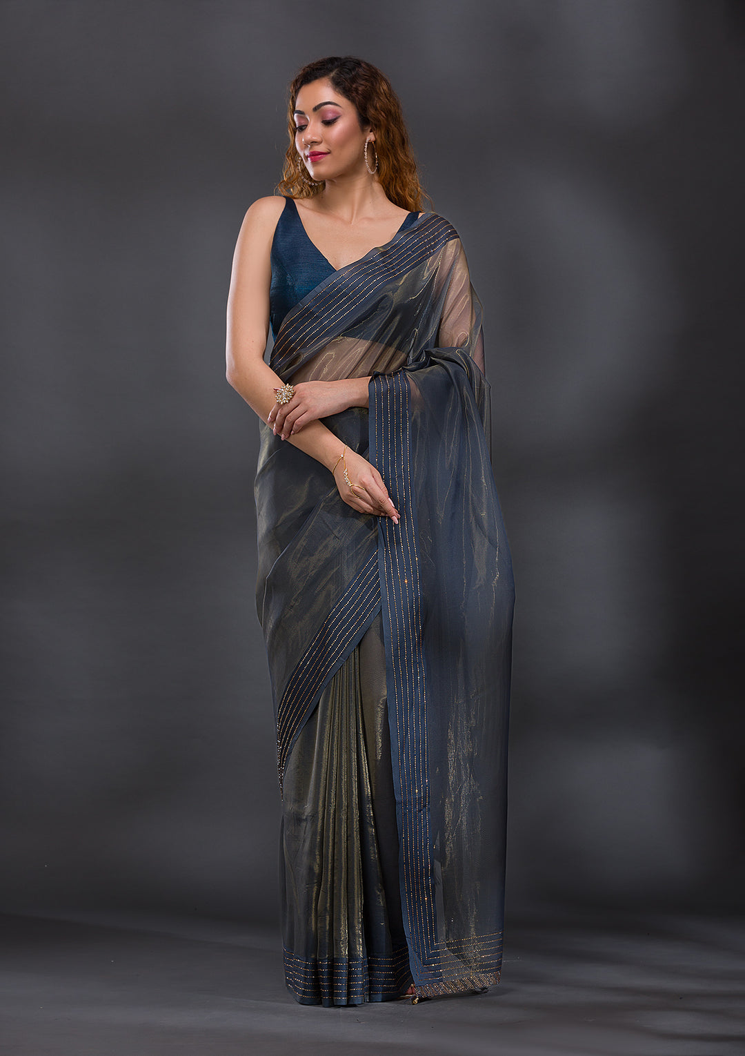 Grey Swarovski Organza Saree