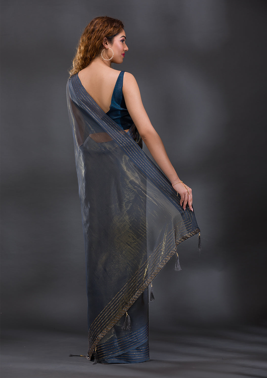 Grey Swarovski Organza Saree