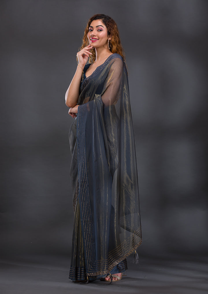 Grey Swarovski Organza Saree
