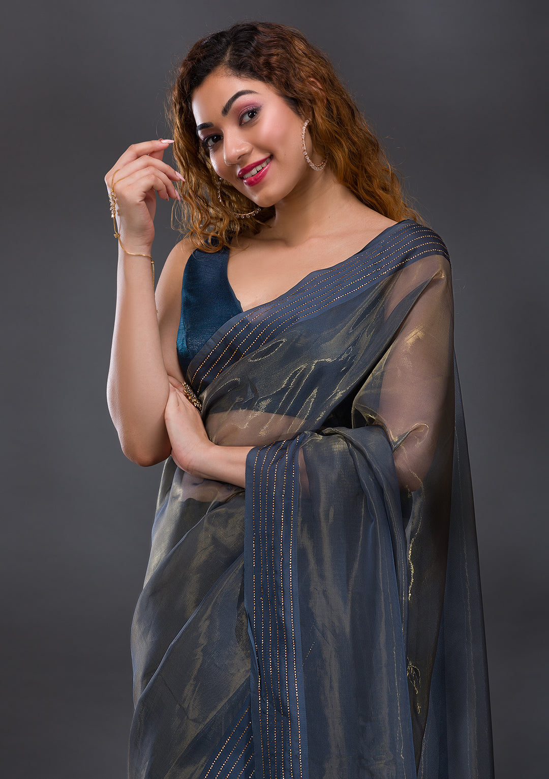 Grey Swarovski Organza Saree