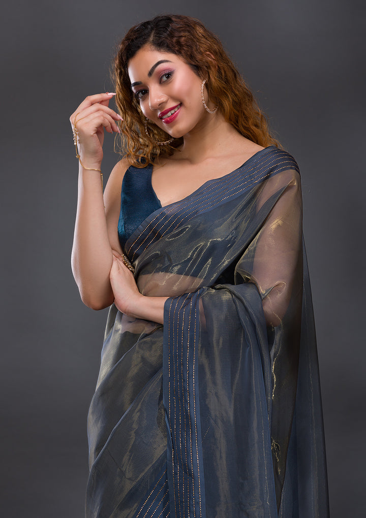 Grey Swarovski Organza Saree