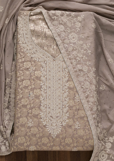 Grey Threadwork Banarasi Unstitched Salwar Suit