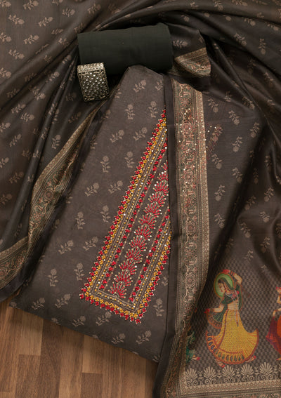 Grey Threadwork Chanderi Unstitched Salwar Suit-Koskii