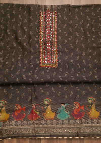 Grey Threadwork Chanderi Unstitched Salwar Suit