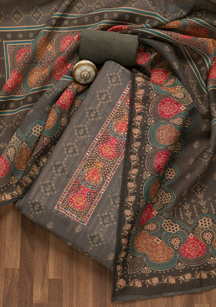 Grey Threadwork Chanderi Unstitched Salwar Suit-Koskii