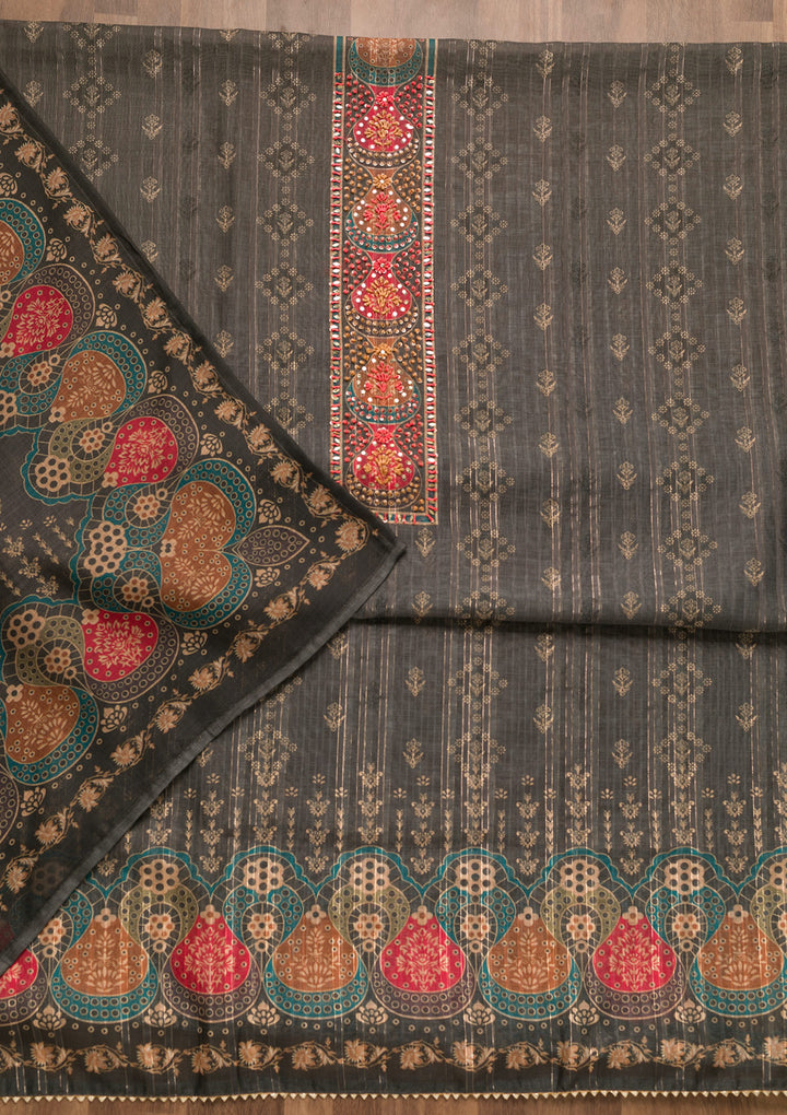 Grey Threadwork Chanderi Unstitched Salwar Suit