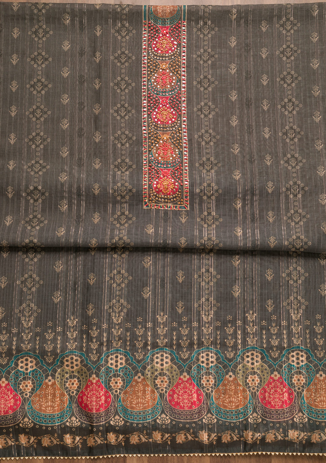 Grey Threadwork Chanderi Unstitched Salwar Suit