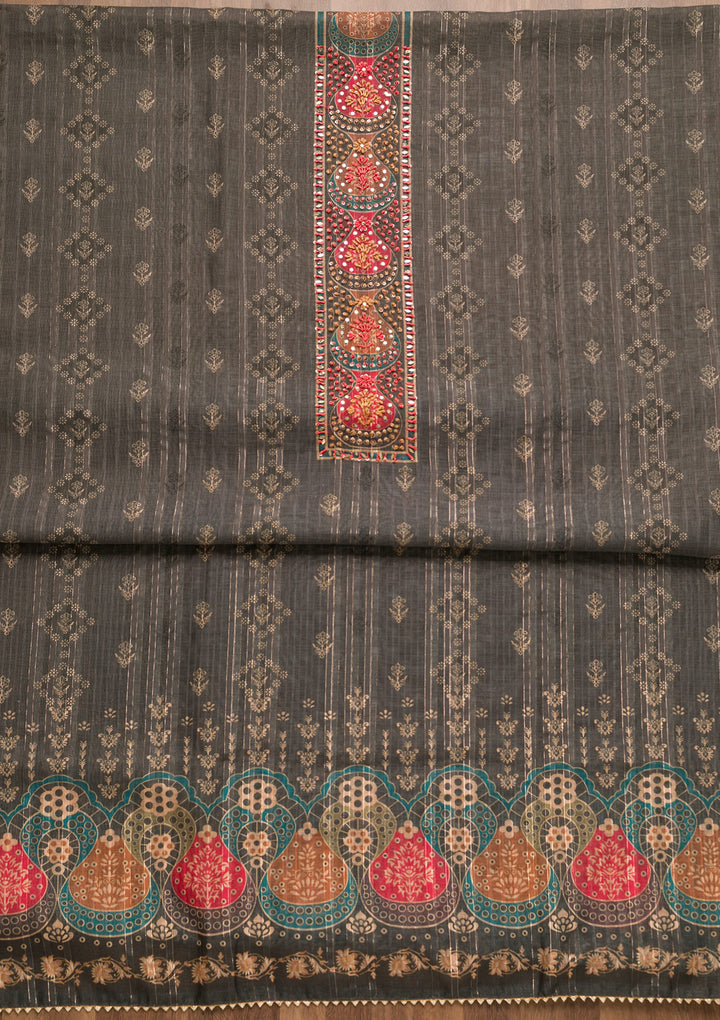 Grey Threadwork Chanderi Unstitched Salwar Suit