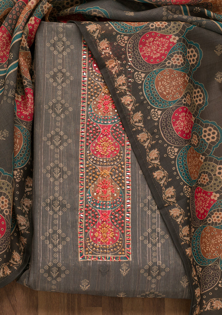 Grey Threadwork Chanderi Unstitched Salwar Suit