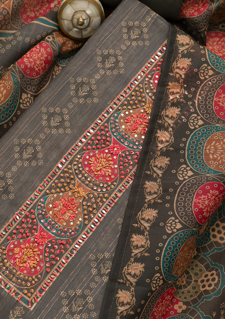 Grey Threadwork Chanderi Unstitched Salwar Suit