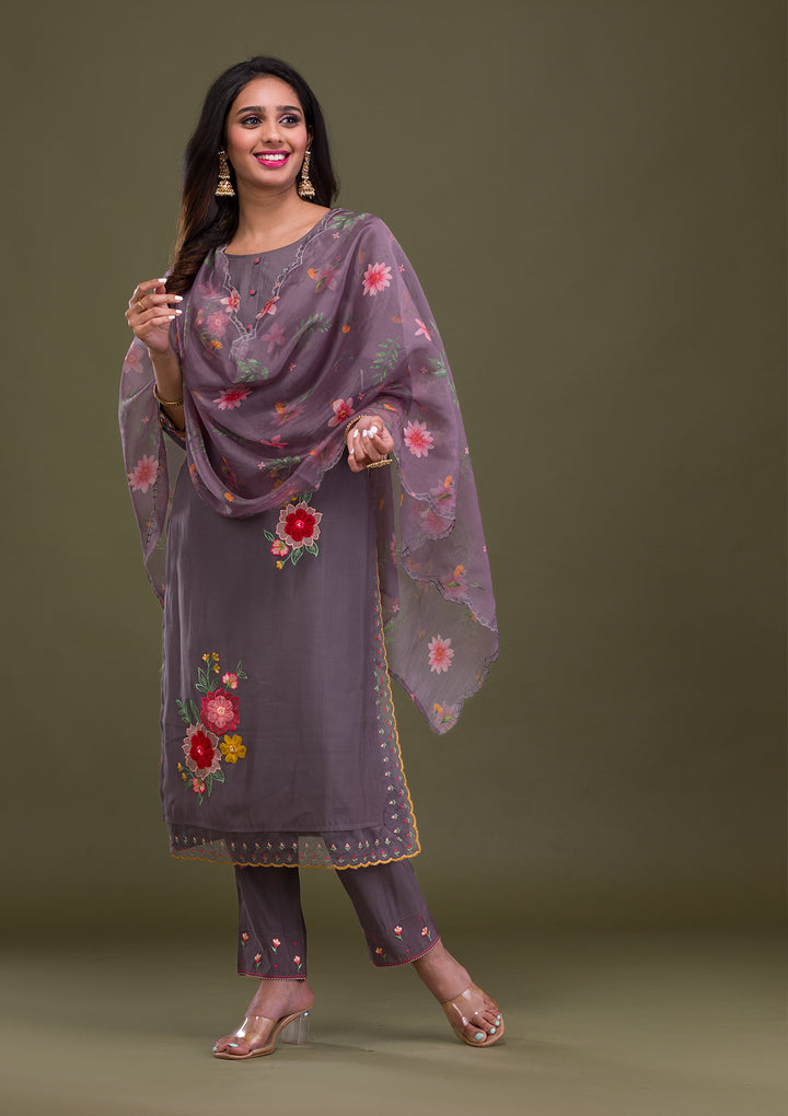 Grey Threadwork Cotton Readymade Salwar Suit