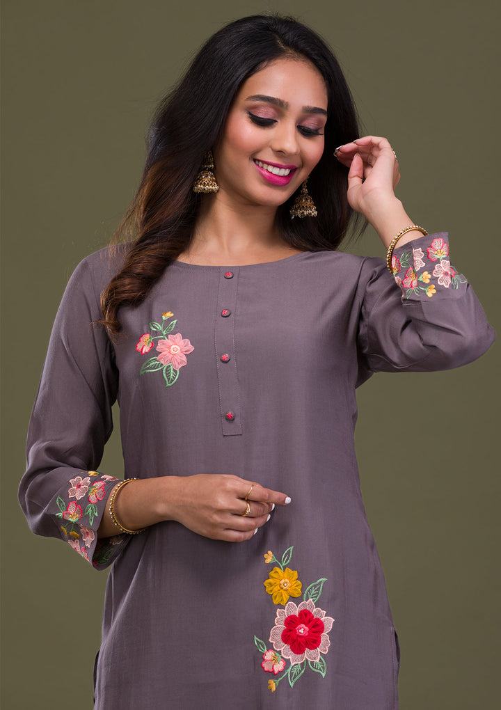 Grey Threadwork Cotton Readymade Salwar Suit