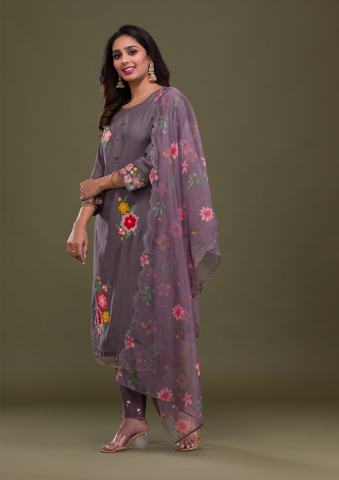 Grey Threadwork Cotton Readymade Salwar Suit