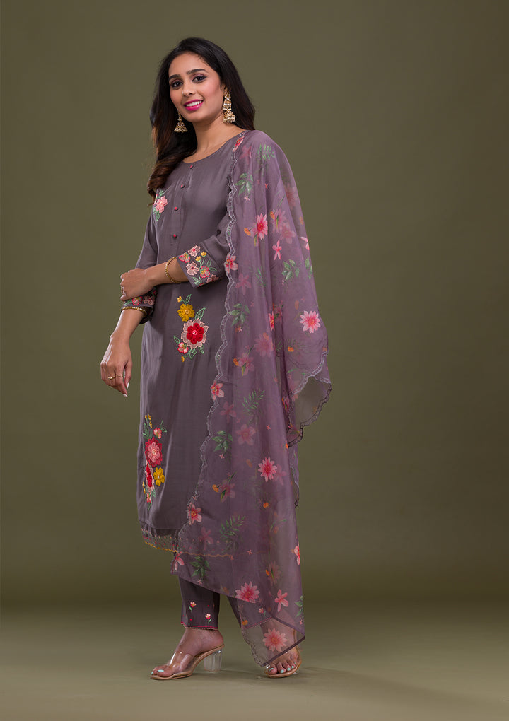 Grey Threadwork Cotton Readymade Salwar Suit