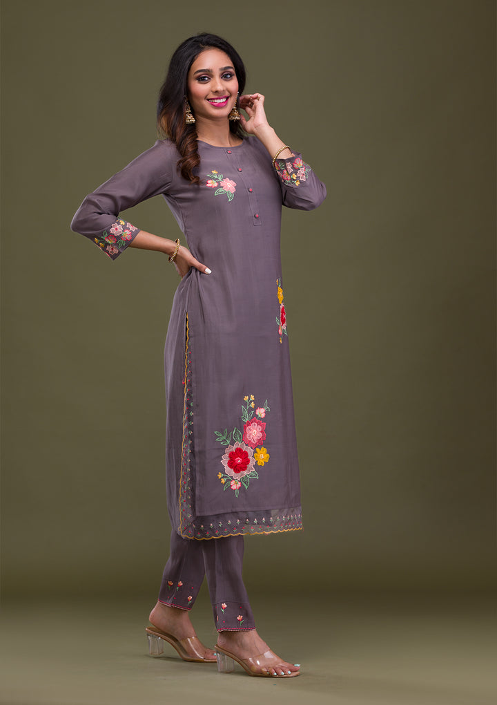 Grey Threadwork Cotton Readymade Salwar Suit