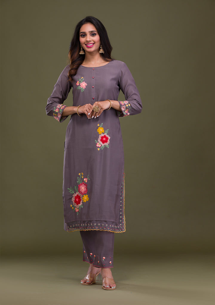 Grey Threadwork Cotton Readymade Salwar Suit