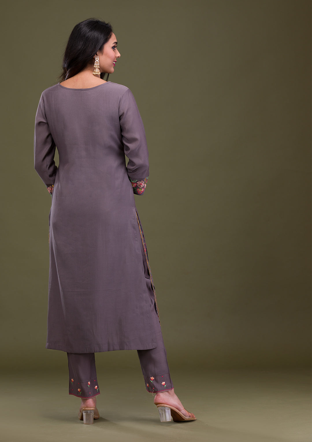 Grey Threadwork Cotton Readymade Salwar Suit