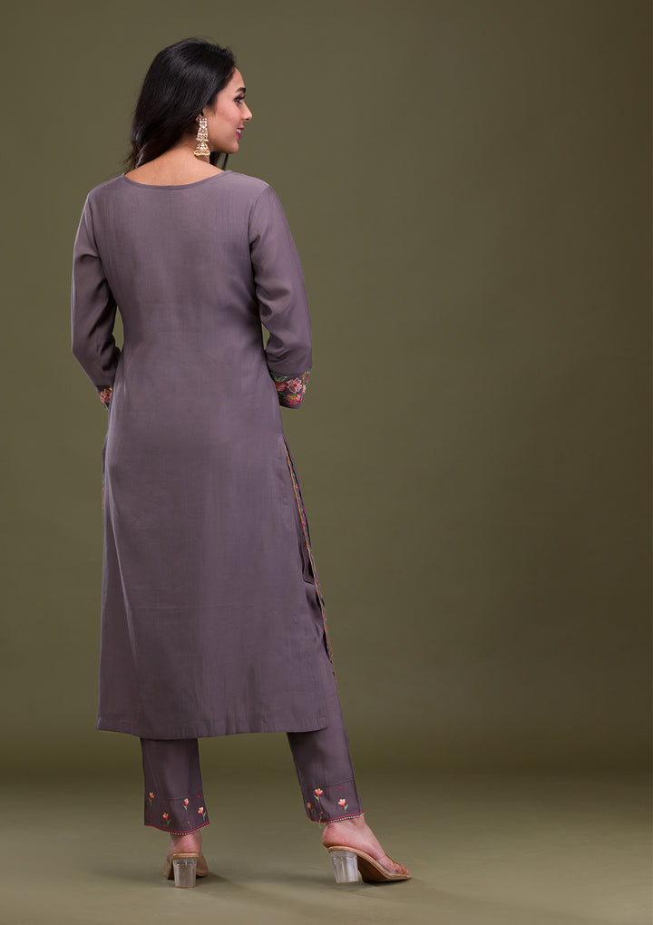 Grey Threadwork Cotton Readymade Salwar Suit
