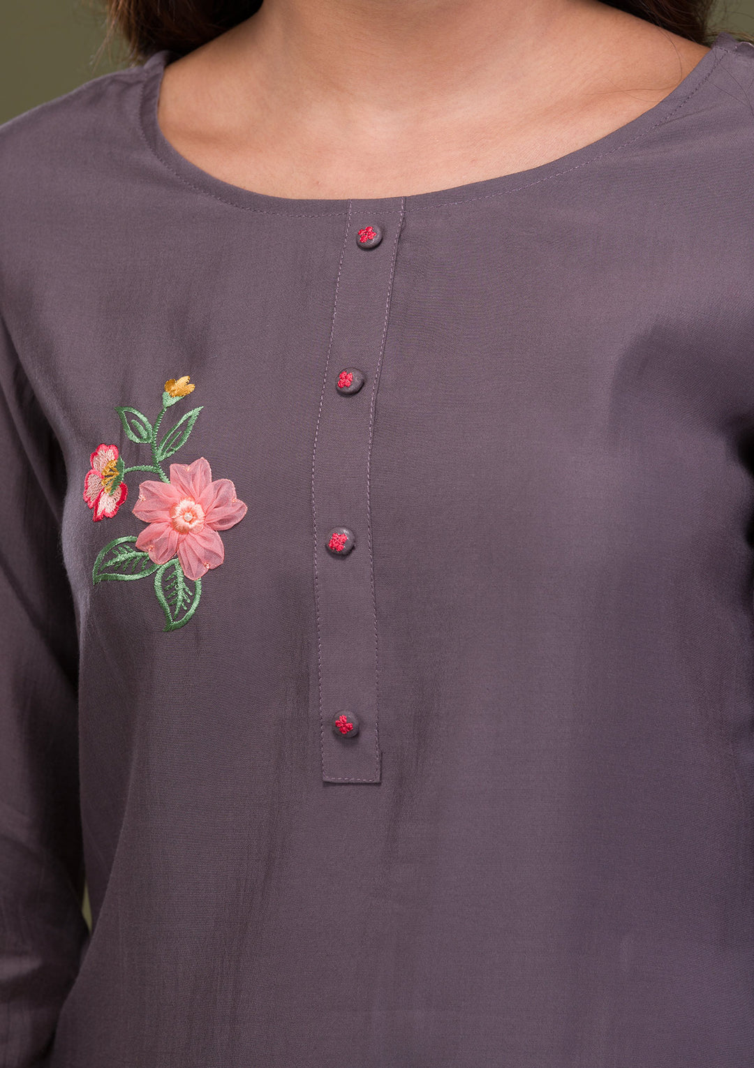 Grey Threadwork Cotton Readymade Salwar Suit
