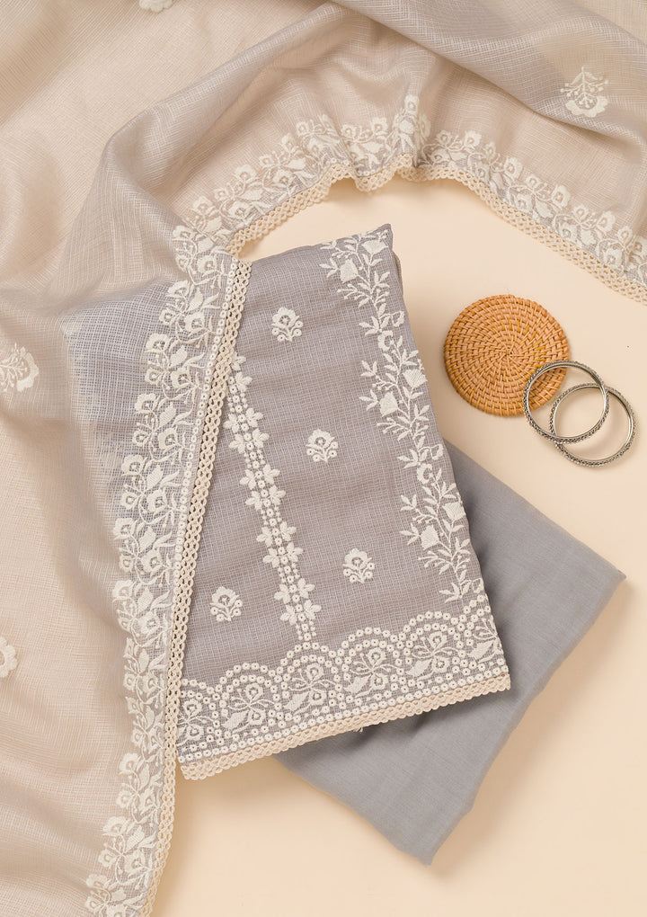 Grey Threadwork Cotton Blend Unstitched Salwar Suit