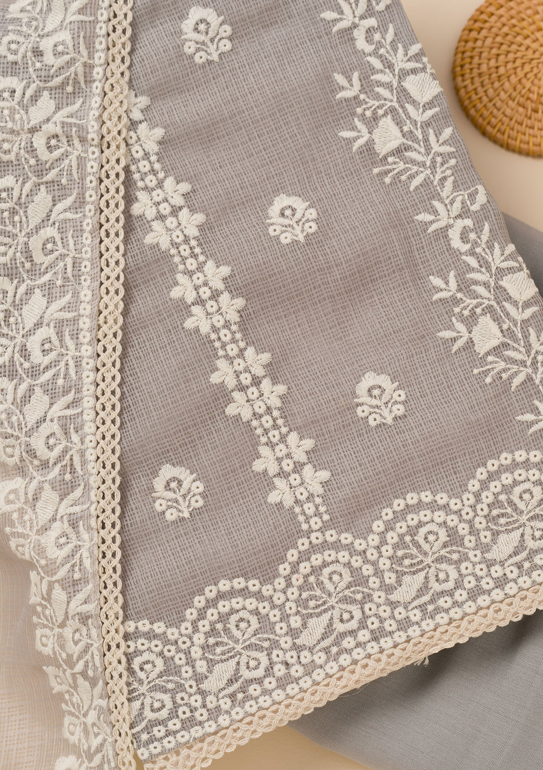 Grey Threadwork Cotton Blend Unstitched Salwar Suit