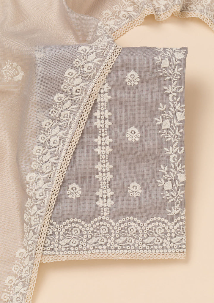 Grey Threadwork Cotton Blend Unstitched Salwar Suit