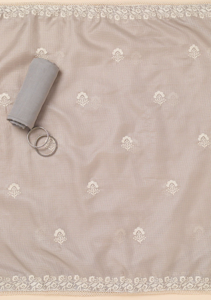 Grey Threadwork Cotton Blend Unstitched Salwar Suit