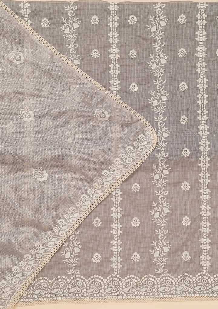 Grey Threadwork Cotton Blend Unstitched Salwar Suit