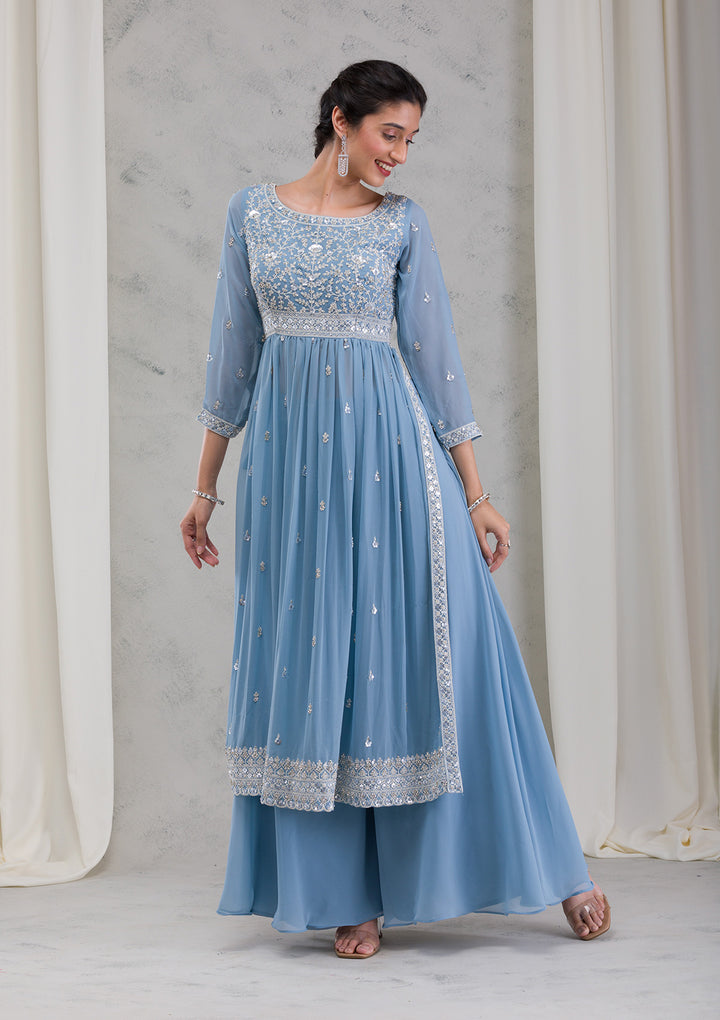 Blue Threadwork Georgette Readymade Salwar Suit