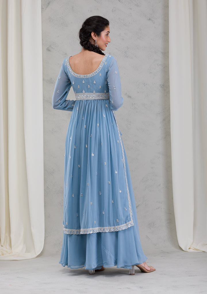 Blue Threadwork Georgette Readymade Salwar Suit