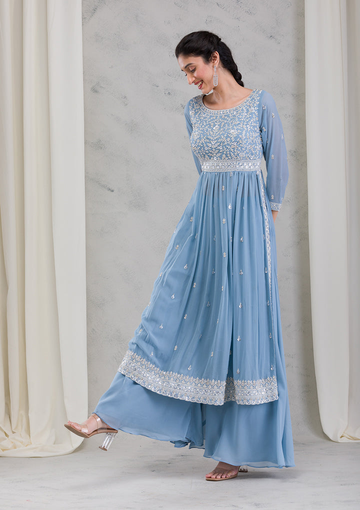 Blue Threadwork Georgette Readymade Salwar Suit