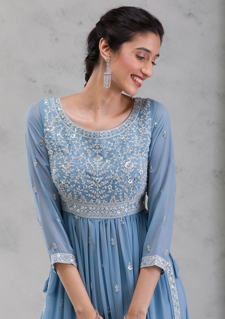 Blue Threadwork Georgette Readymade Salwar Suit