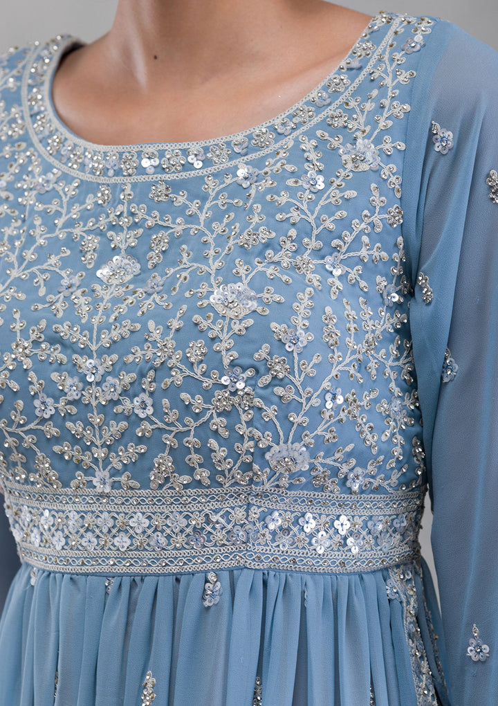 Blue Threadwork Georgette Readymade Salwar Suit