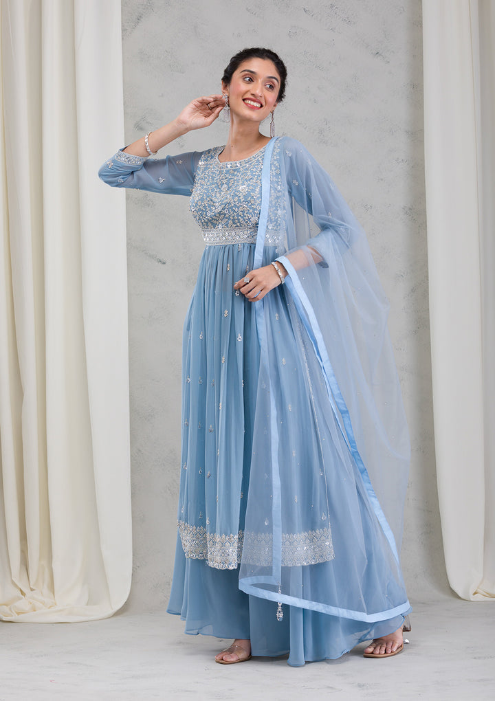 Blue Threadwork Georgette Readymade Salwar Suit