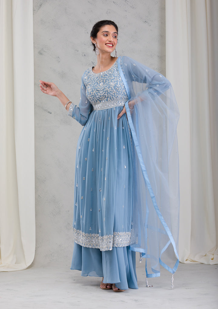 Blue Threadwork Georgette Readymade Salwar Suit