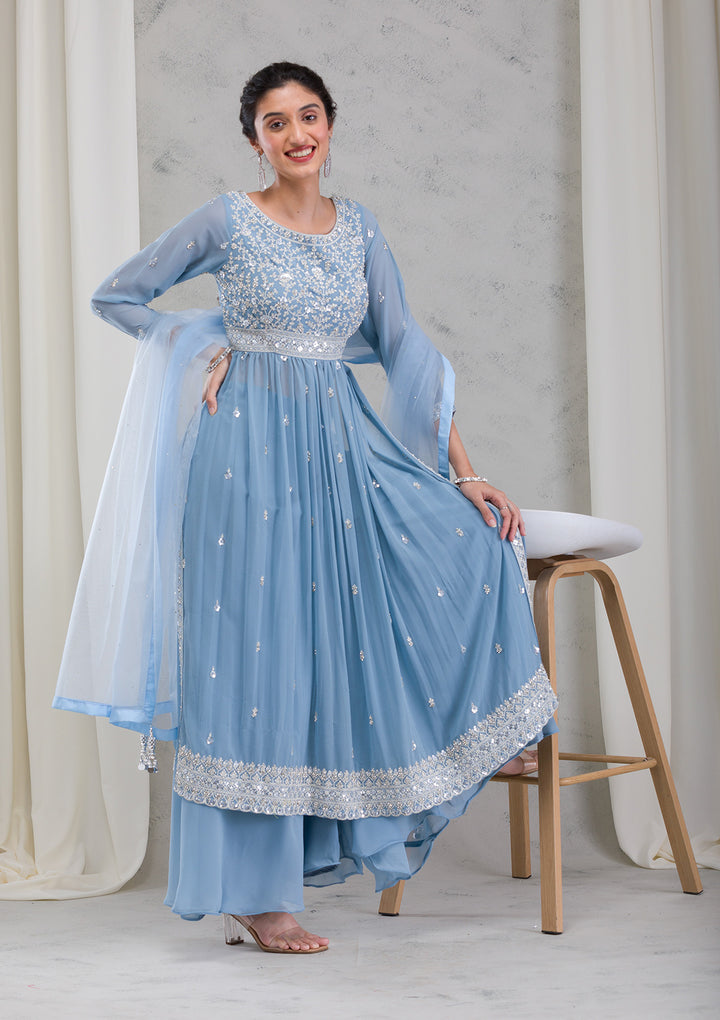 Blue Threadwork Georgette Readymade Salwar Suit