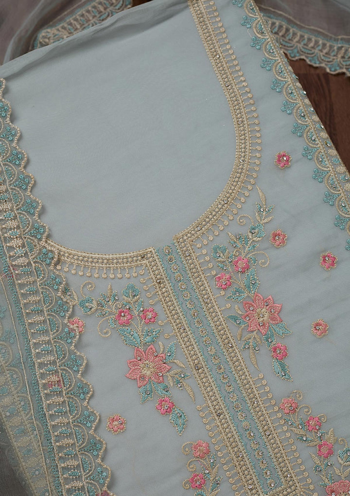 Grey Threadwork Georgette Unstitched Salwar Suit