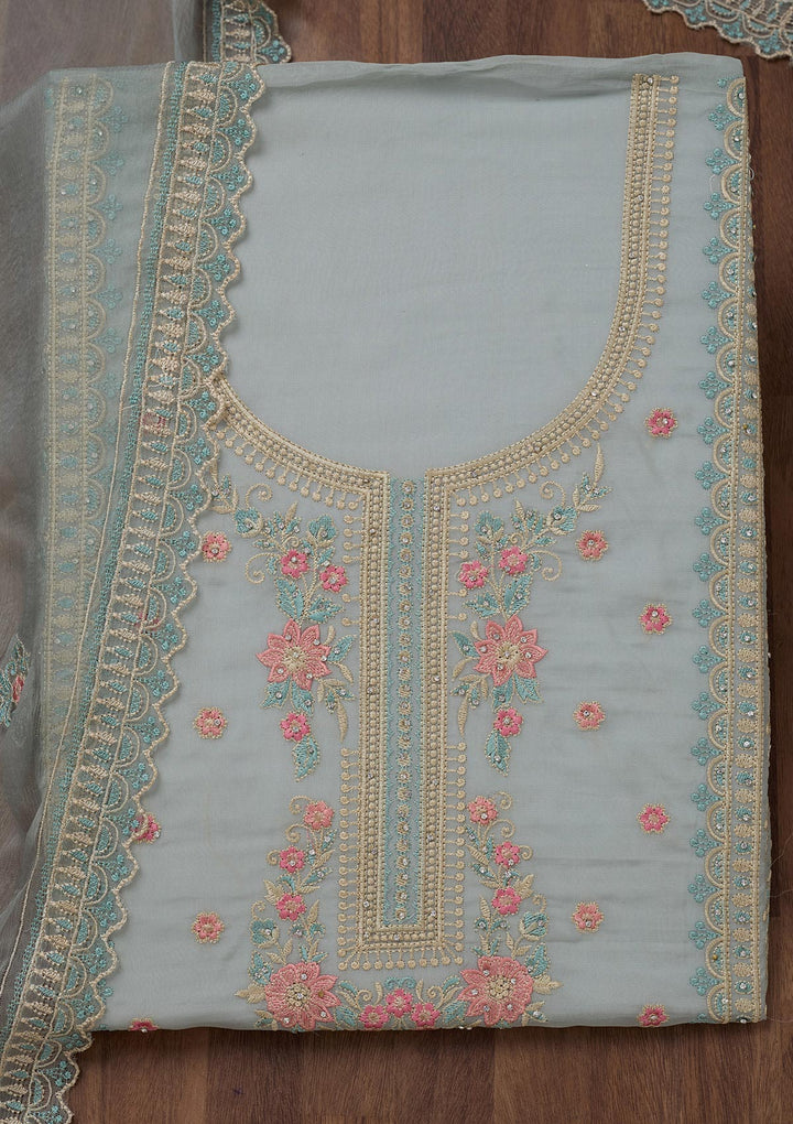 Grey Threadwork Georgette Unstitched Salwar Suit