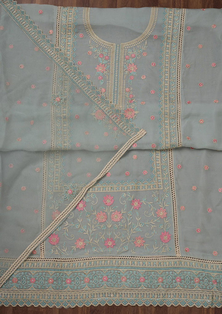 Grey Threadwork Georgette Unstitched Salwar Suit