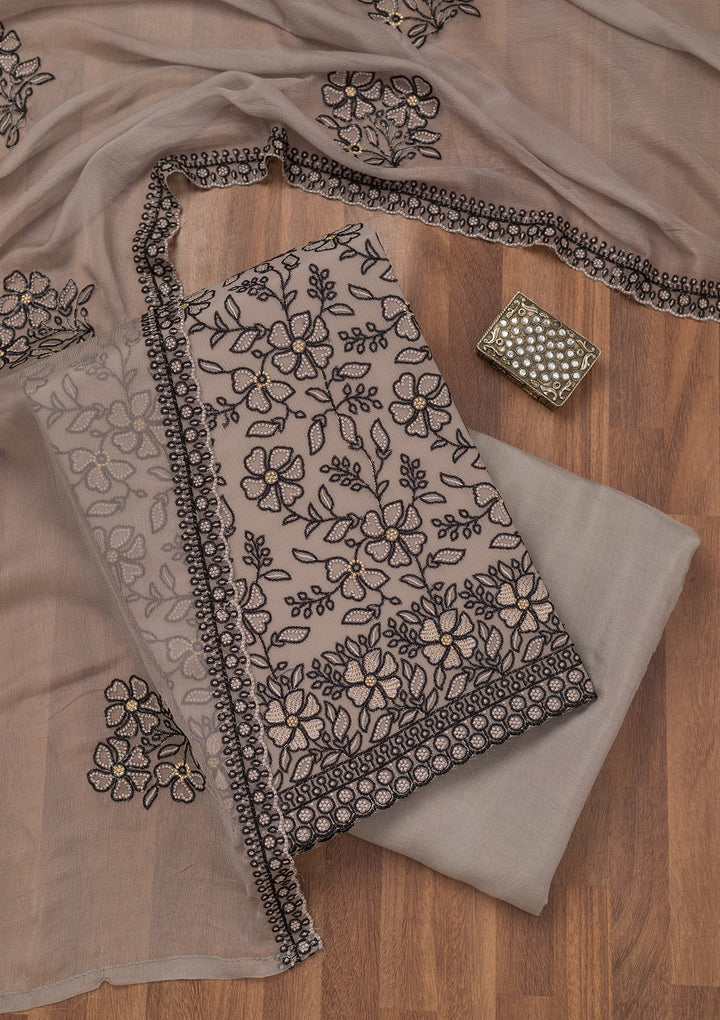Grey Threadwork Georgette Unstitched Salwar Suit