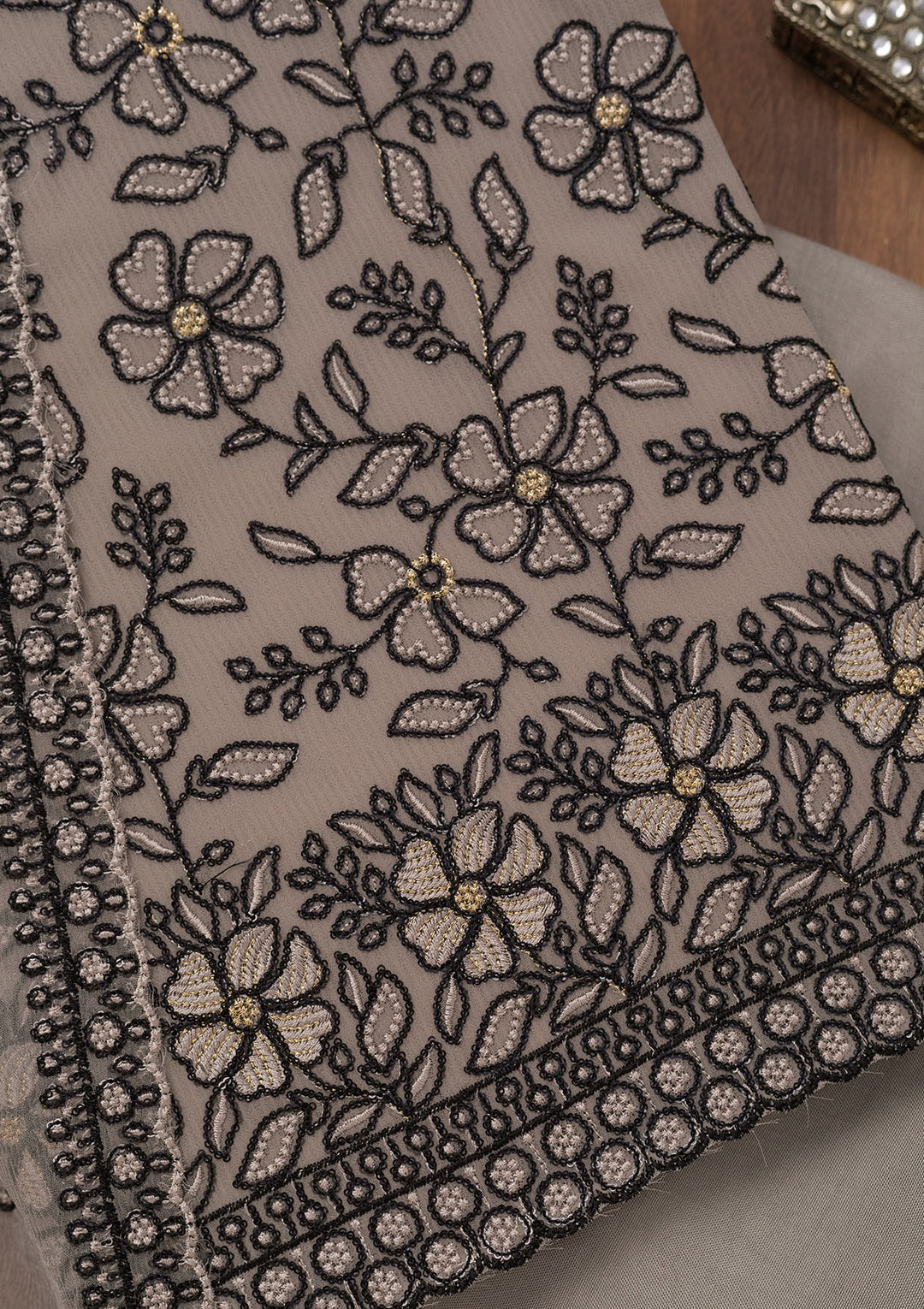 Grey Threadwork Georgette Unstitched Salwar Suit