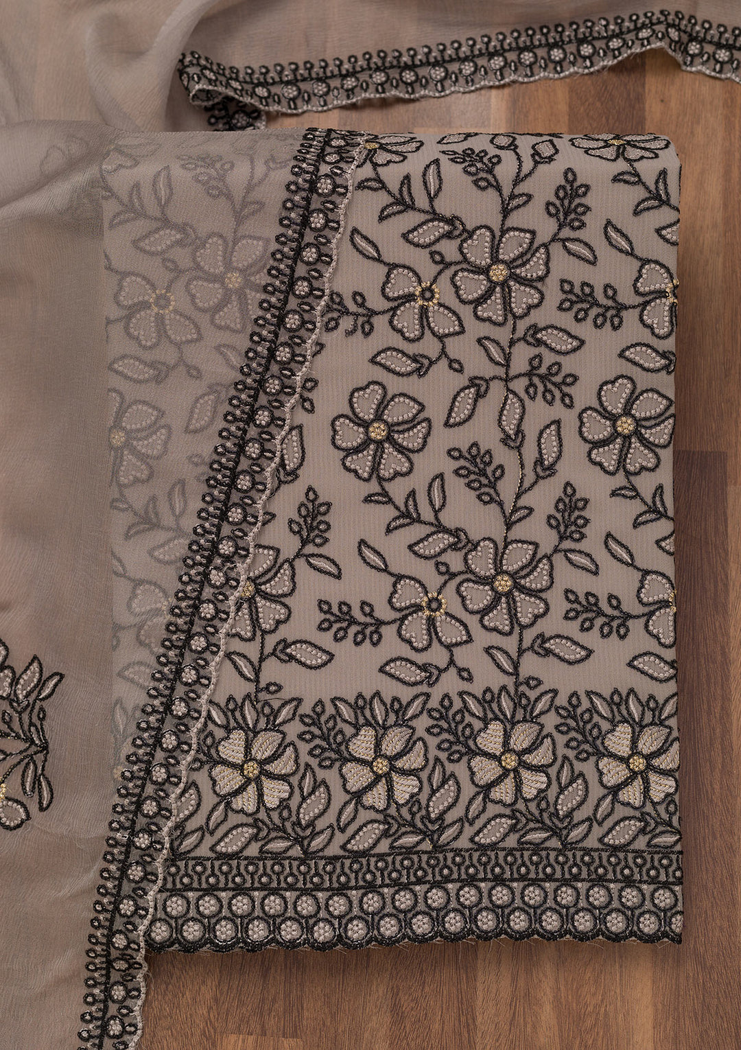 Grey Threadwork Georgette Unstitched Salwar Suit