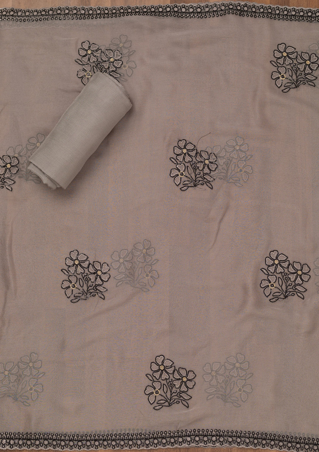 Grey Threadwork Georgette Unstitched Salwar Suit