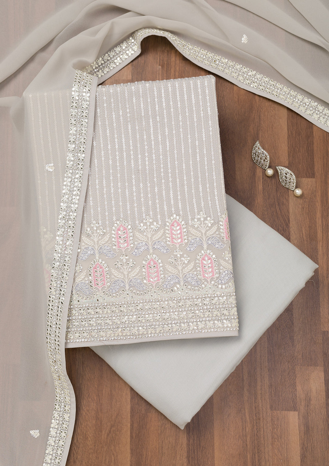Grey Threadwork Georgette Unstitched Salwar Suit