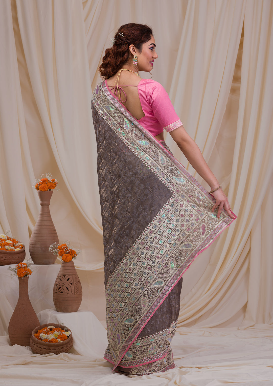 Grey Threadwork Georgette Saree