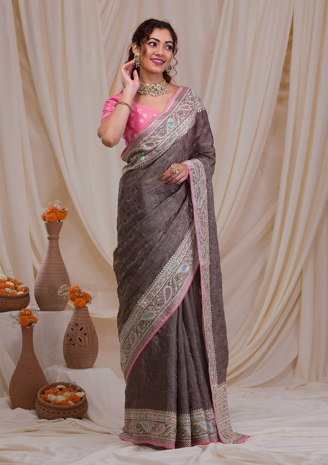 Grey Threadwork Georgette Saree