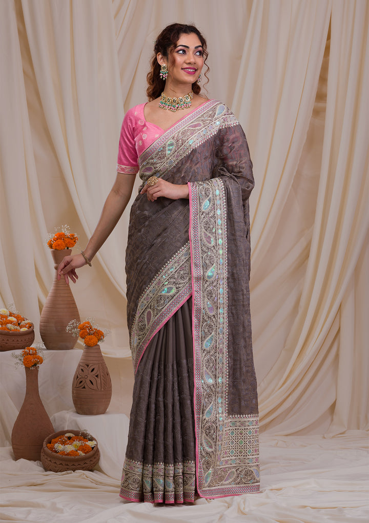 Grey Threadwork Georgette Saree
