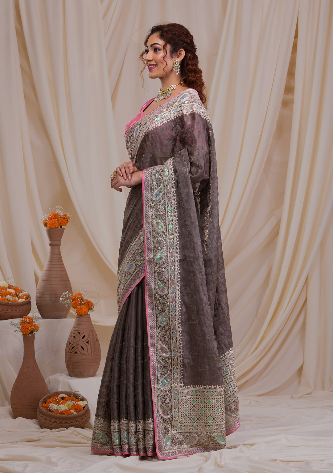 Grey Threadwork Georgette Saree