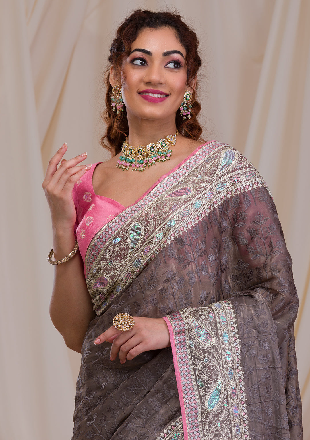 Grey Threadwork Georgette Saree